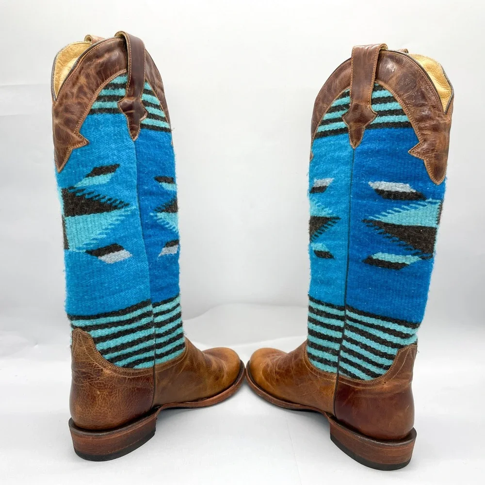 Stetson Womens 9 Serape Aztec Blanket Boots Shoe Blue Brown Tall Western Cowgirl_6